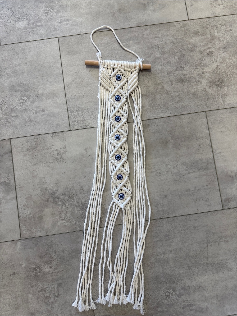 Cream Macramé Wall Hanging with Blue Accent Beads